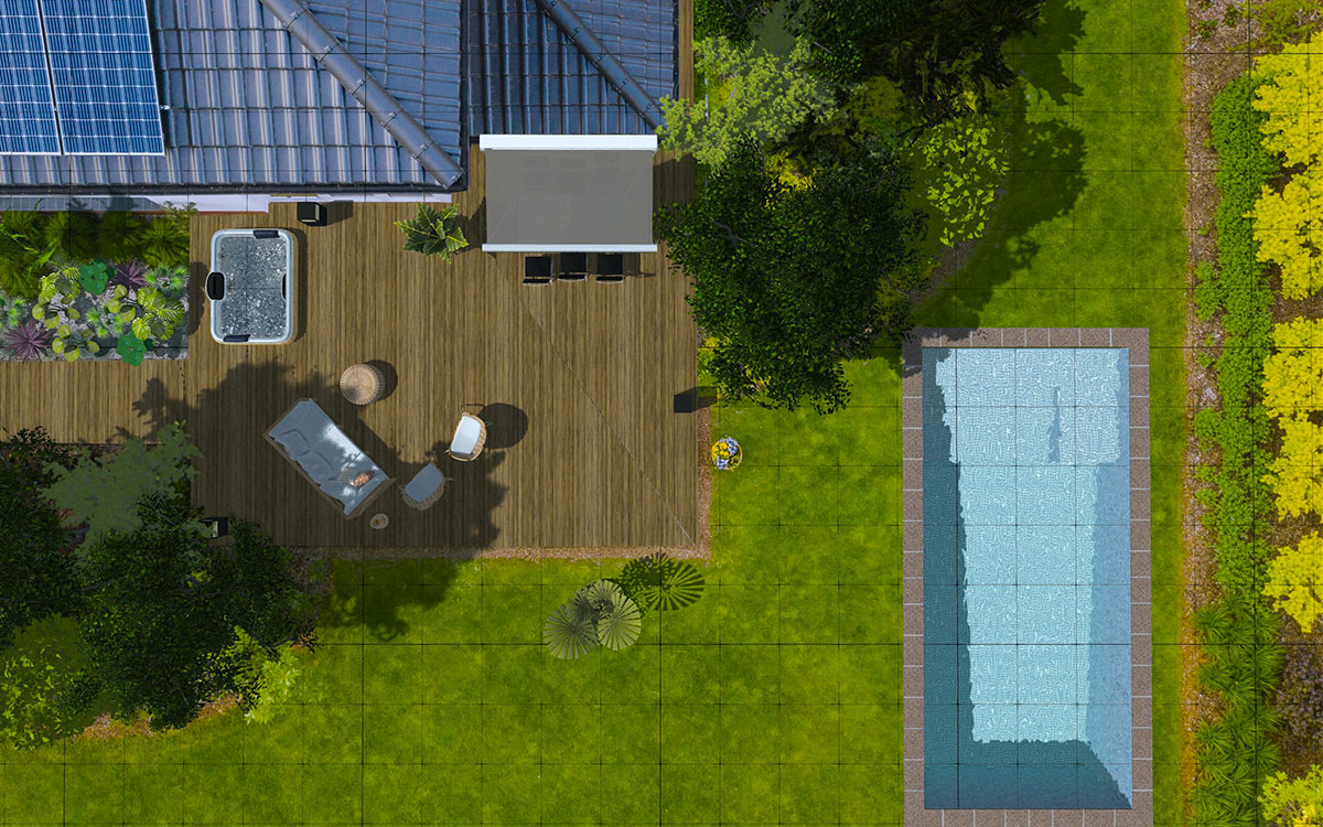vue 3d piscine dans le jardin