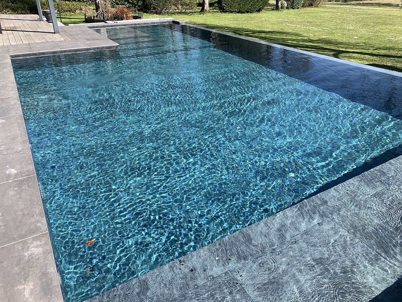 piscine à débordement avec jardin et terrasse