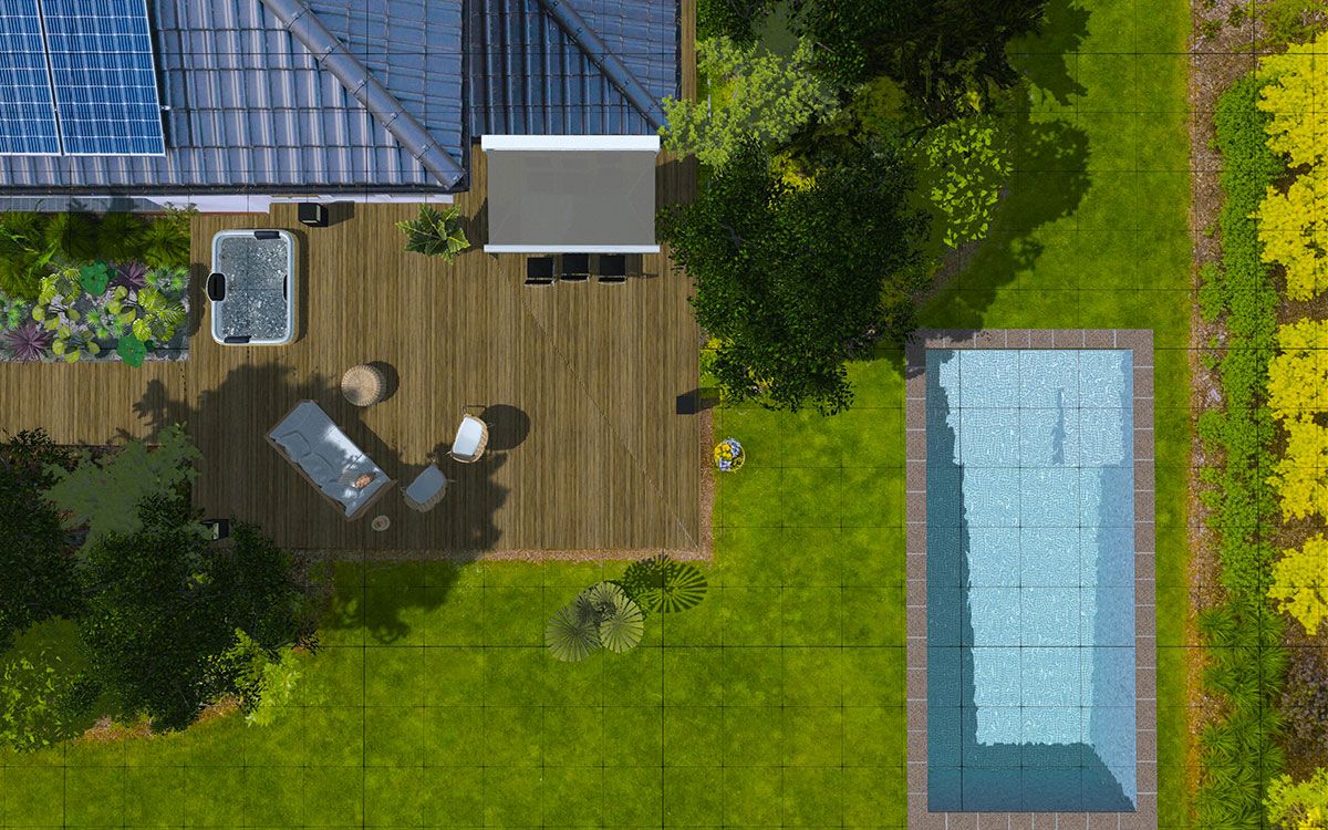 vue 3d piscine dans le jardin